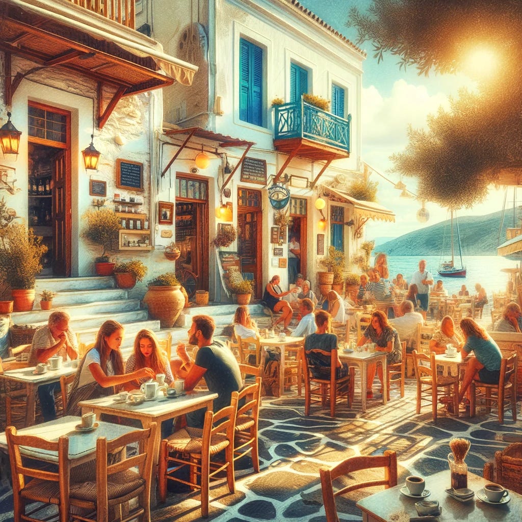 A cozy Greek cafe scene depicting the cultural essence of coffee in Greece. The image shows a charming outdoor cafe with a relaxed atmosphere, nestled in a quaint Greek street. People are seen leisurely sitting at tables, enjoying their time and conversation over cups of coffee. The cafe is adorned with traditional Greek decor, and there's a hint of a scenic sea view in the background, symbolizing the island setting. The focus is on conveying a sense of community, relaxation, and the social aspect of Greek coffee culture. 